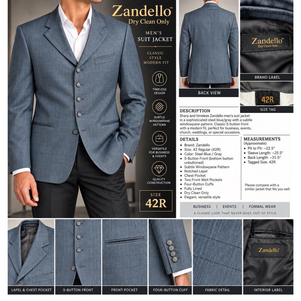 Zandello Men’s Suit Jacket Blazer 42R Steel Blue Gray Windowpane 5 Button